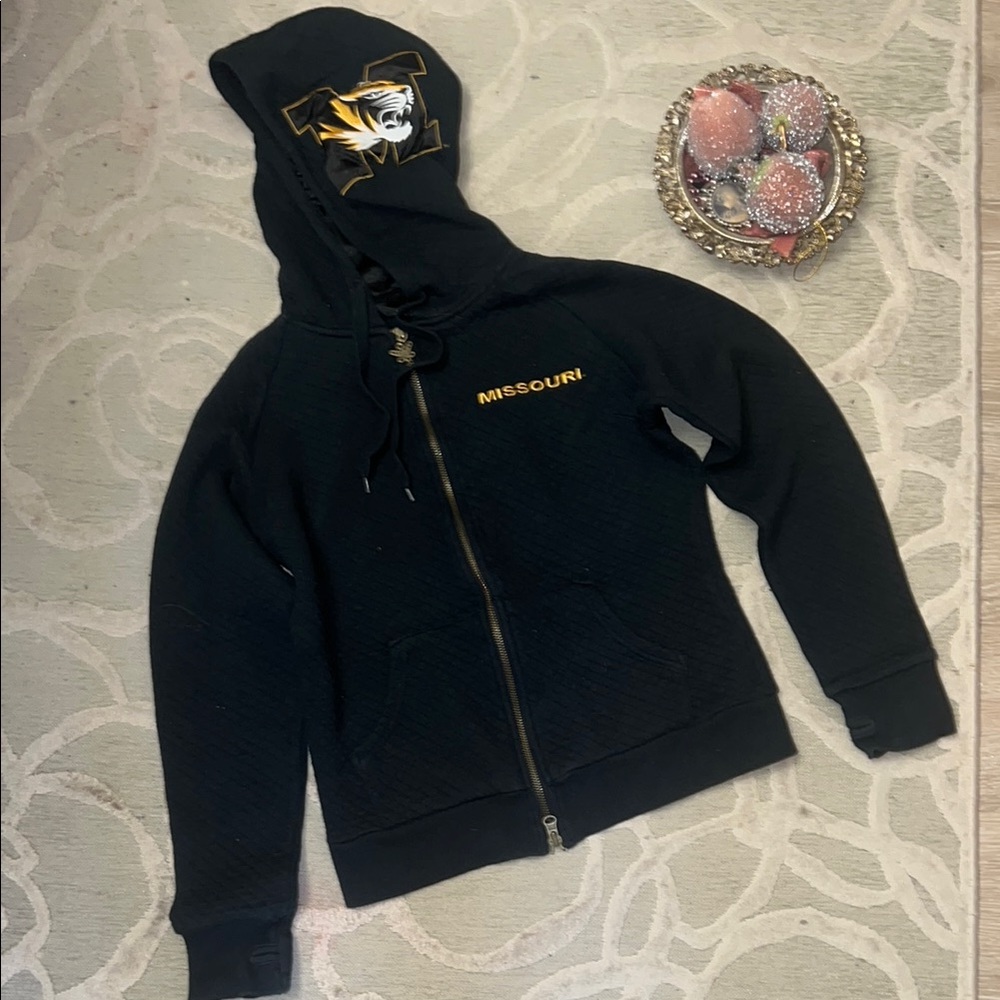 🌷TOUCH ALYSSA MILANO🌷MIZZOU TIGERS black gold cotton zip front sweatshirt hoodie
